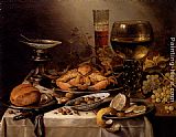 Silver Canvas Paintings - Banquet Still Life With A Crab On A Silver Platter, A Bunch Of Grapes, A Bowl Of Olives, And A Peeled Lemon All Resting On A Draped Table